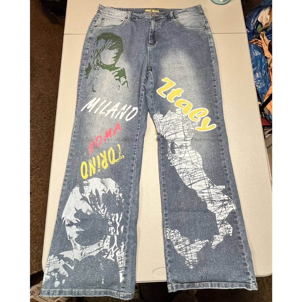 Vintage Crest Wide Flare Leg Jeans Italy Womens Size 17/18 Painted Glitter Y2K